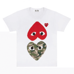 CDG Play White T-Shirt With Camo Printed Mirror Hearts